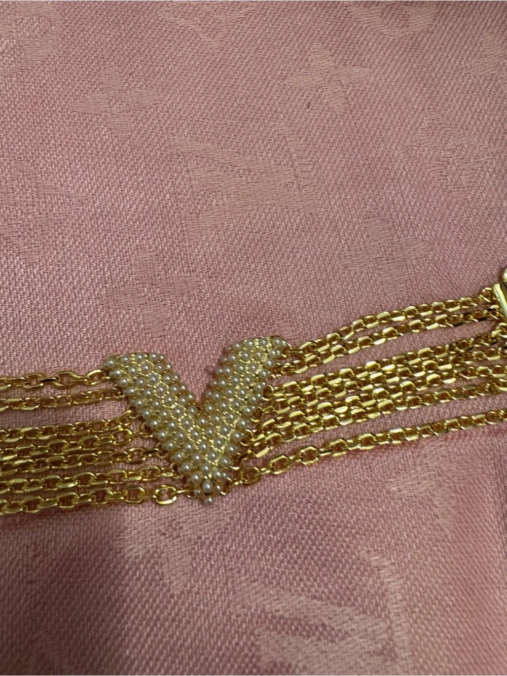 Louis Vuitton Gold-Tone Multi-Chain Necklace with Pearl V-Plaque